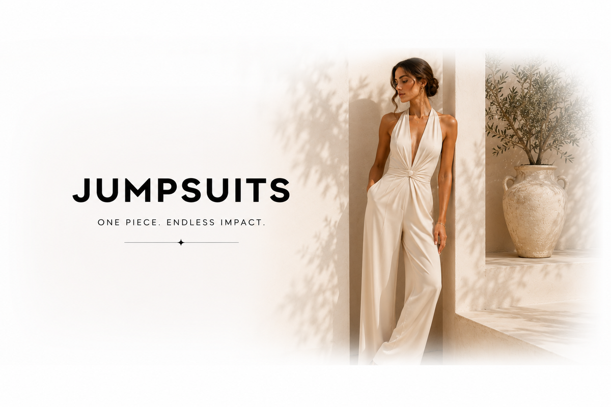 A woman modeling a white one-piece jumpsuit in a sunlit interior setting with text on the left reading 'JUMPSUITS' and 'ONE PIECE. ENDLESS IMPACT.