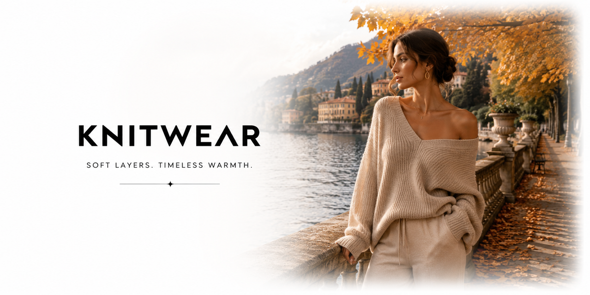 A woman wearing a soft knit off-the-shoulder sweater stands by a lakeside path with autumn trees and mountains in the background. The left side features the text 'KNITWEAR' with the tagline 'SOFT LAYERS.
