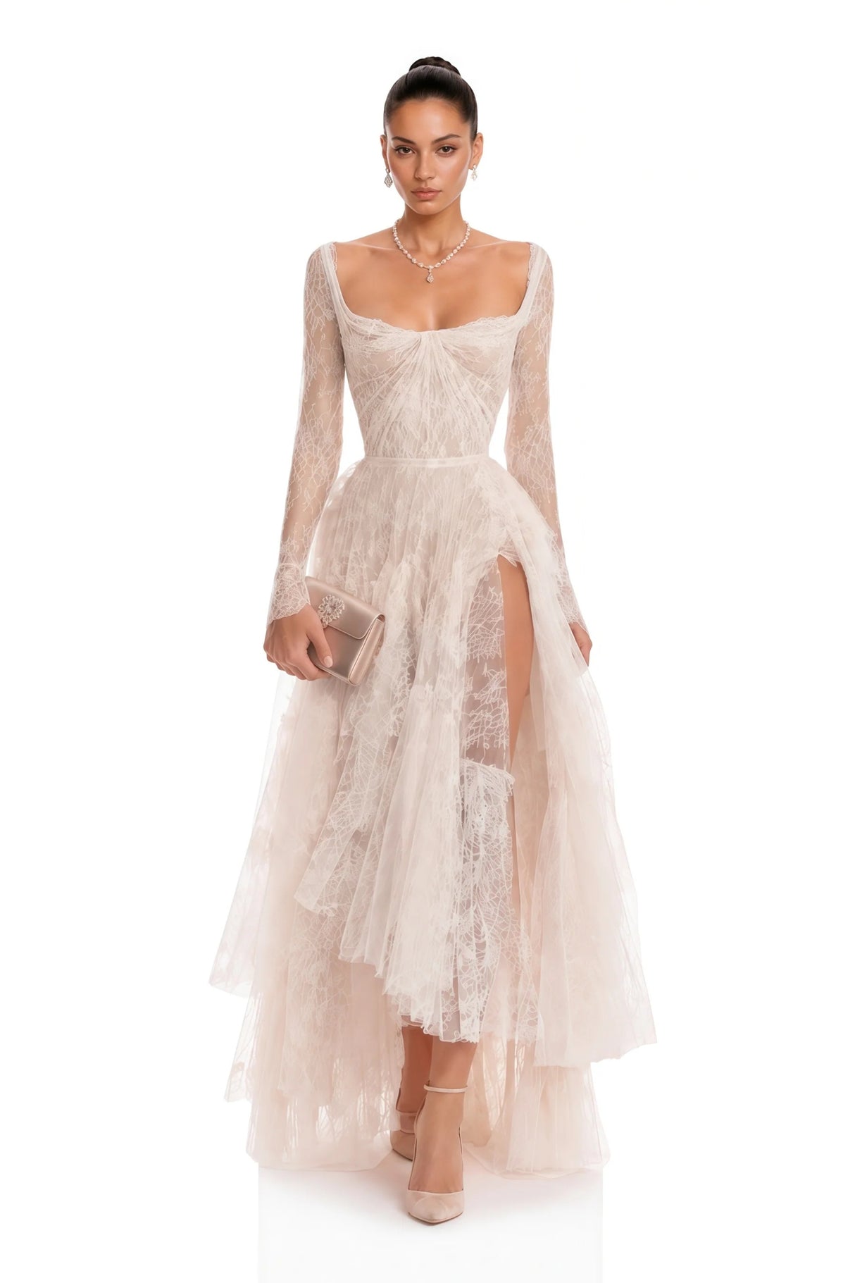 Aalto Neutral Lace Ruffled Maxi Dress with Slit