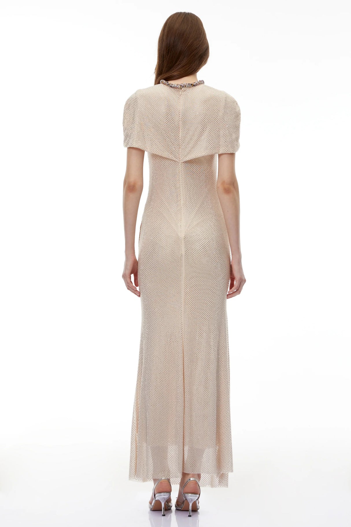 Abigail Champagne Cape Sleeve Rhinestone Maxi Dress