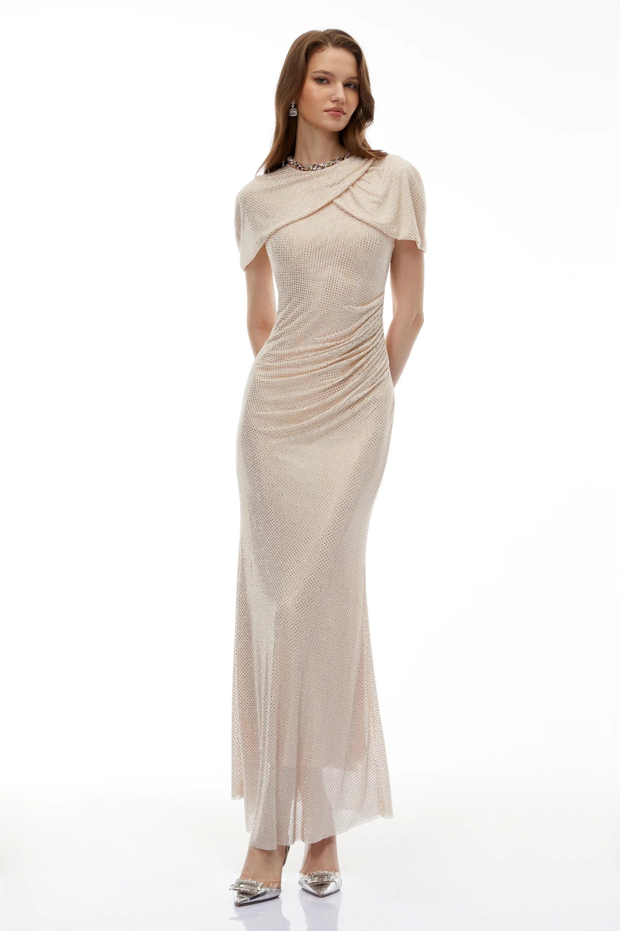 Abigail Champagne Cape Sleeve Rhinestone Maxi Dress