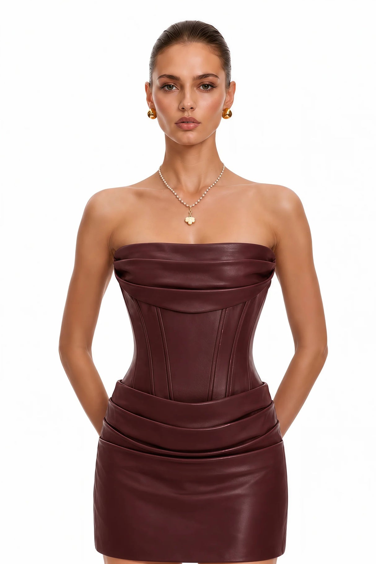 Agnes Brown Ruched Leather Bodycon Mini Dress