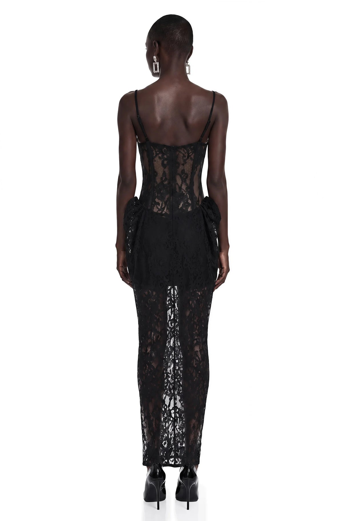 Agneta Black Sweetheart Lace Ruffled Maxi Dress