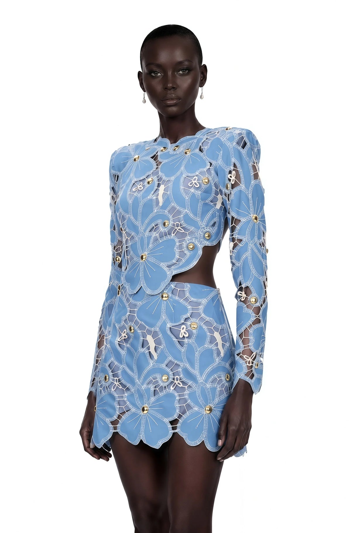 Ainsley Blue Floral Lace Long Sleeves Mini Dress