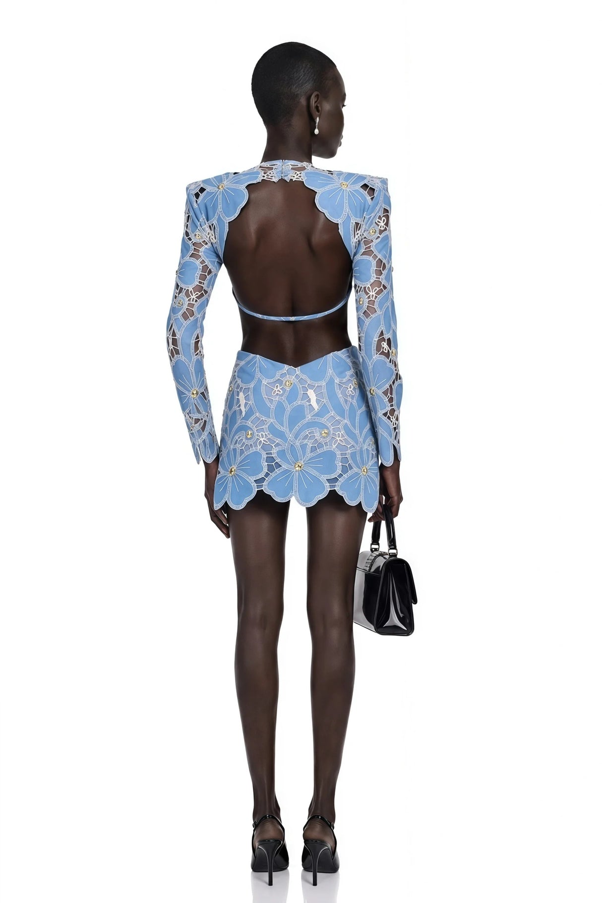 Ainsley Blue Floral Lace Long Sleeves Mini Dress