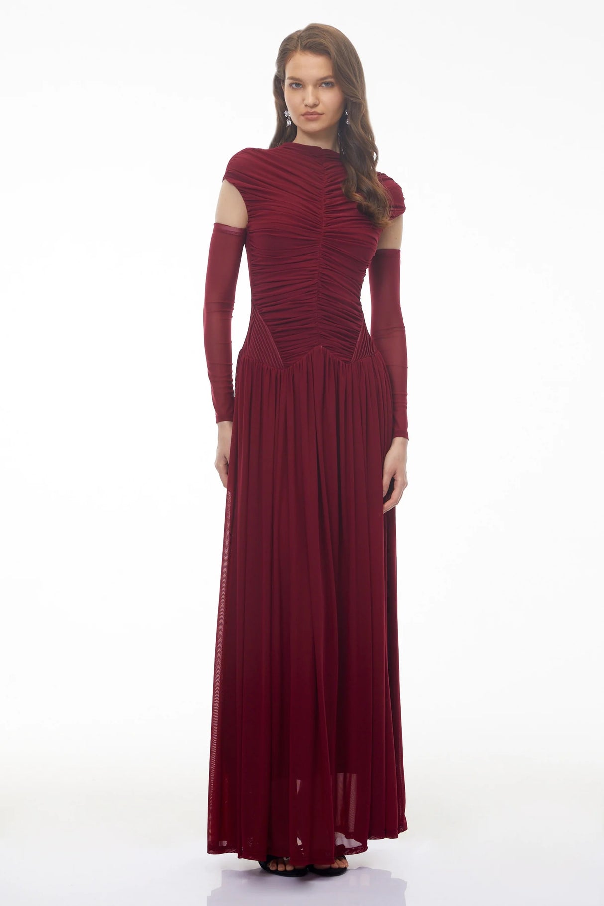 Alberte Red Mock Neck Ruched Maxi Dress