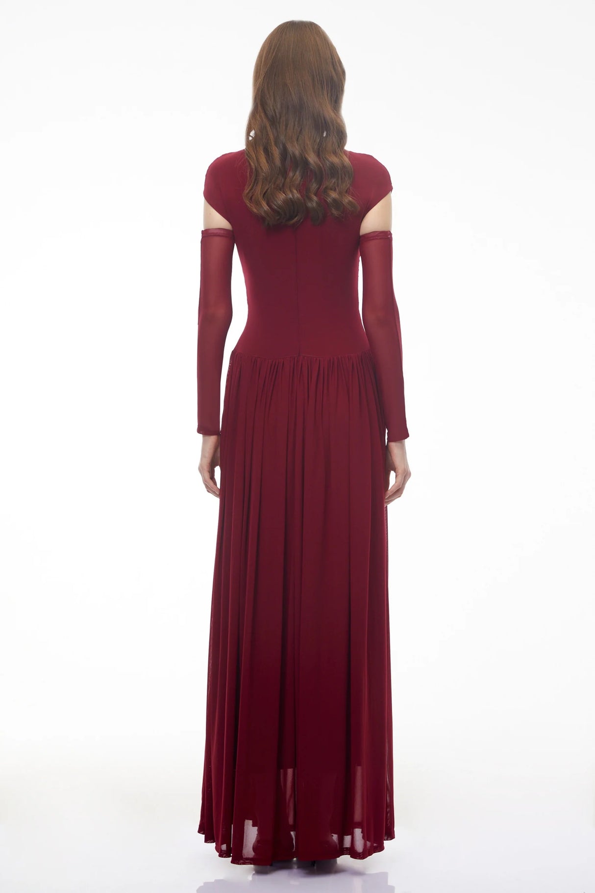 Alberte Red Mock Neck Ruched Maxi Dress