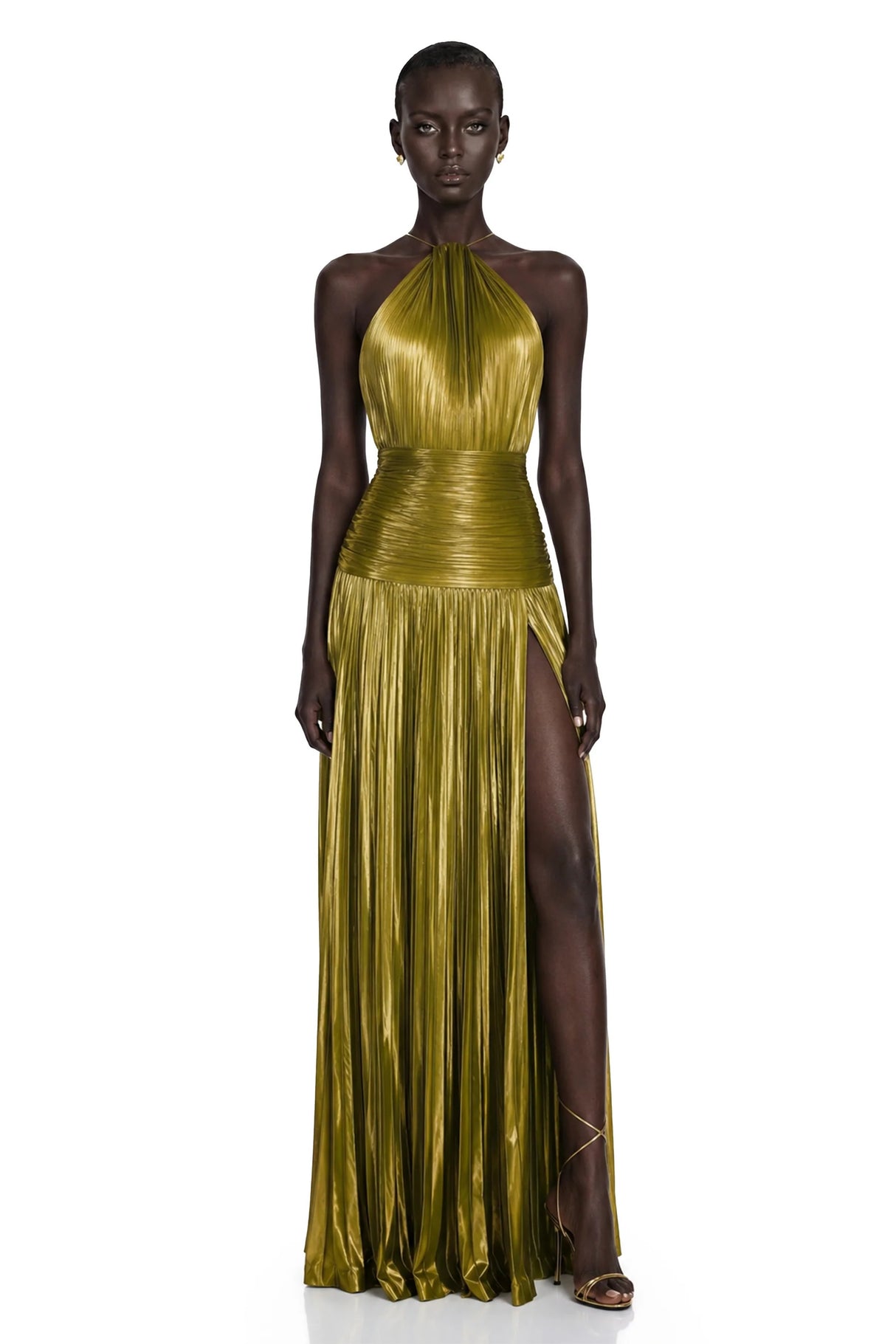 Alchimie Gold Glossy Pleated Maxi Dress