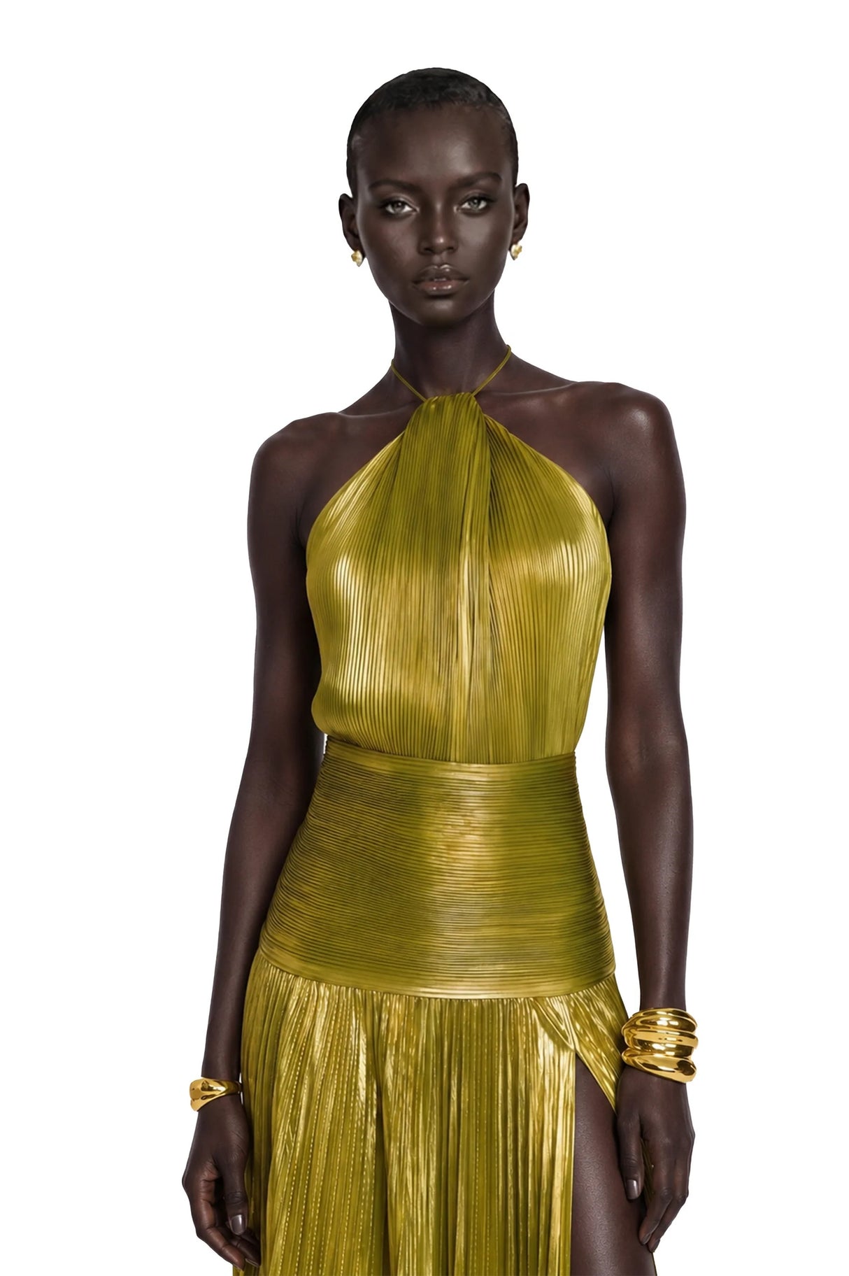 Alchimie Gold Glossy Pleated Maxi Dress