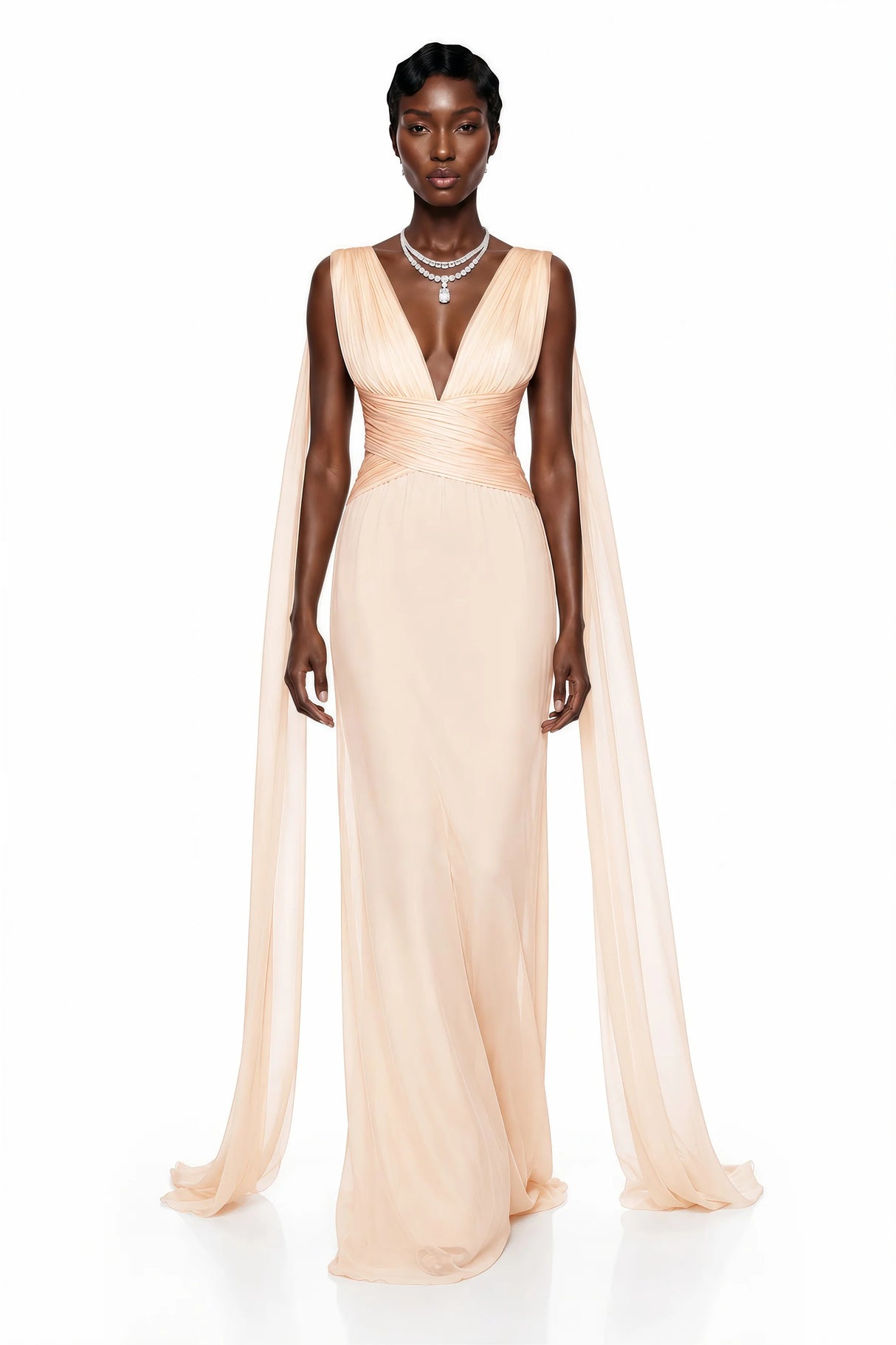 Alcyone Beige Plunge Neck Ruched Maxi Dress