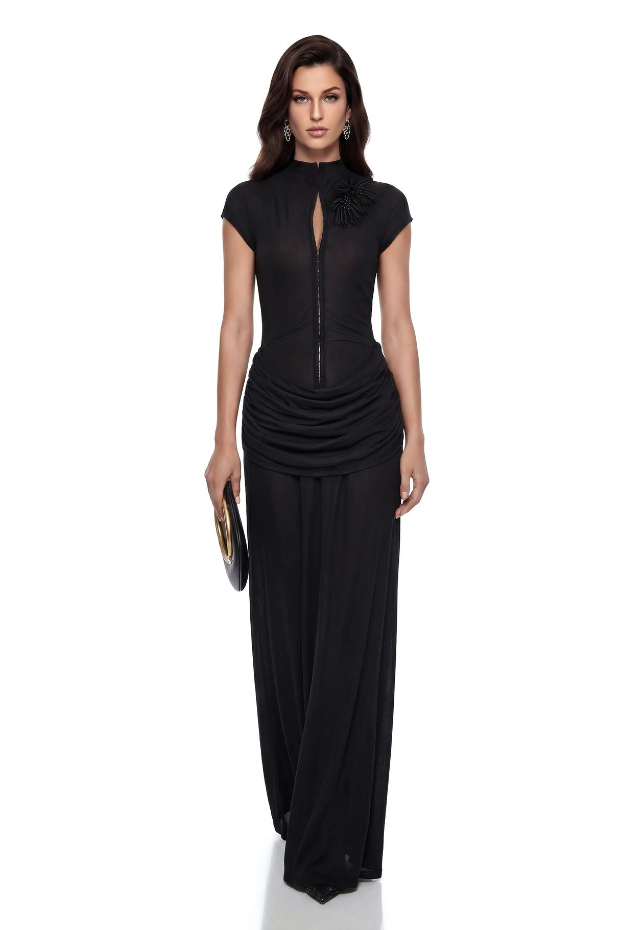 Aliya Black Ruched Maxi Dress with 3D Petals