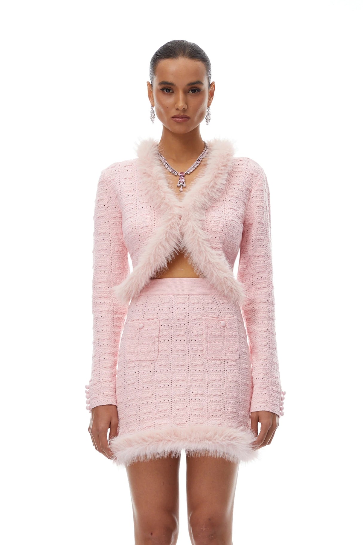 Alma Pink Fur Trim Knit Cardigan Skirt Set