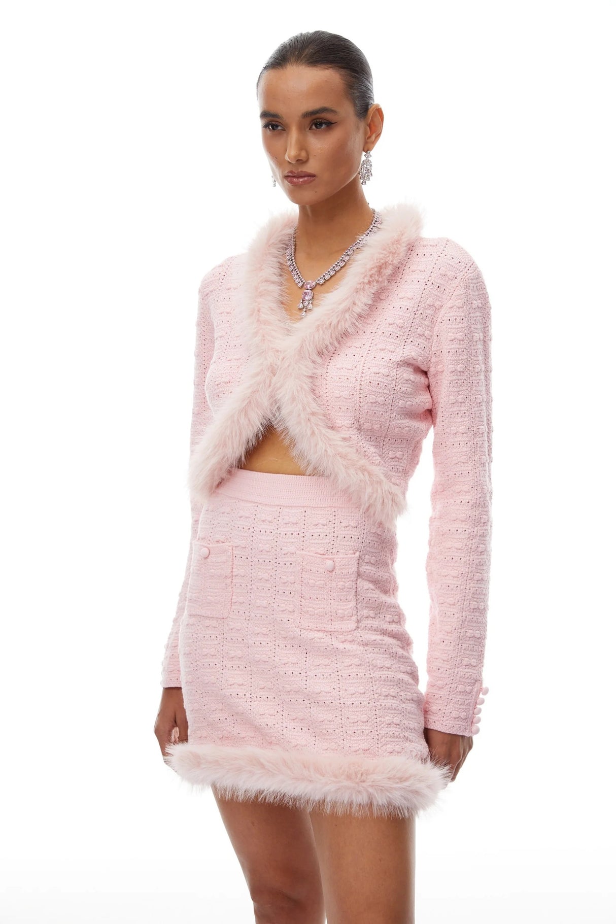 Alma Pink Fur Trim Knit Cardigan Skirt Set