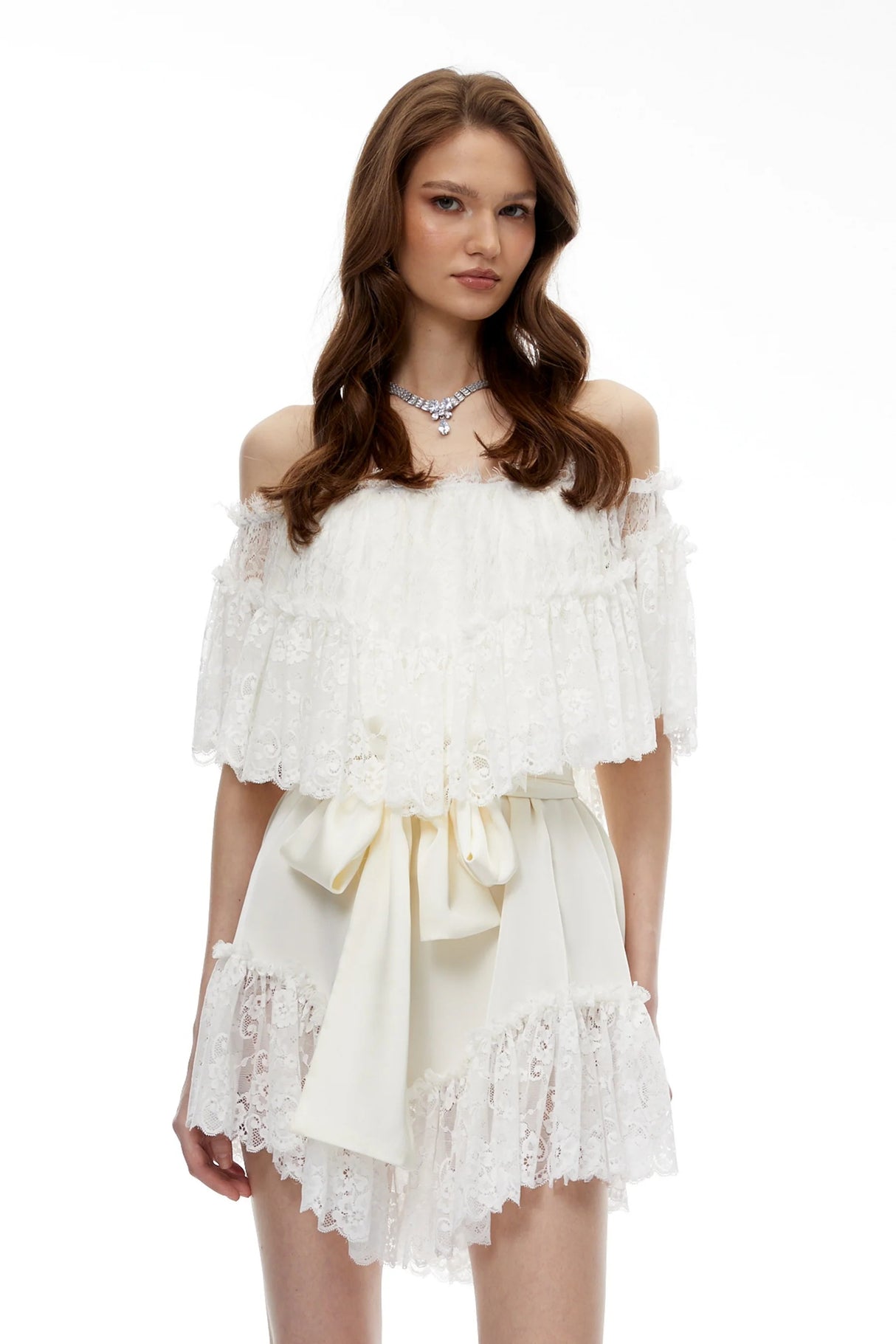 Altheaia White Off Shoulder Lace Mini Dress
