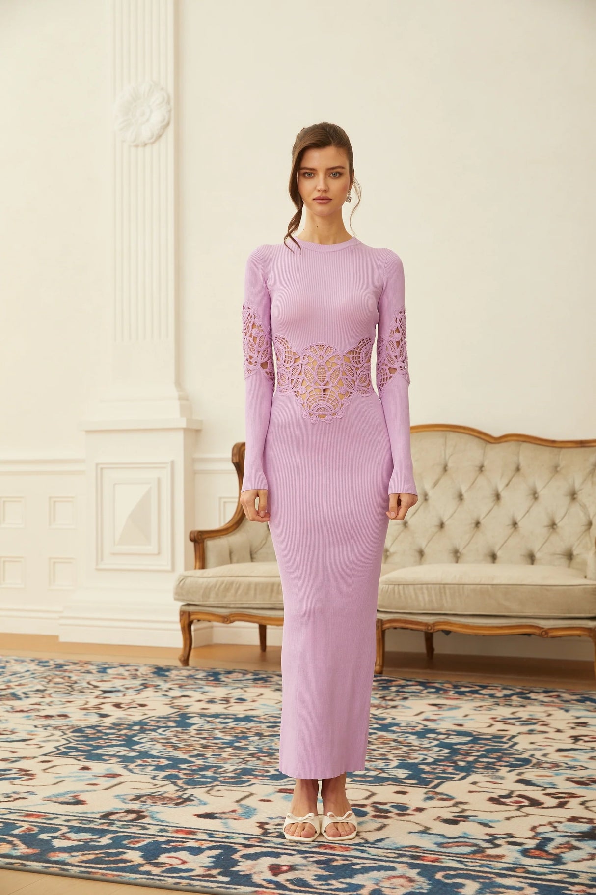 Amanda Purple Lace Panel Ribbed Knit Maxi Dress