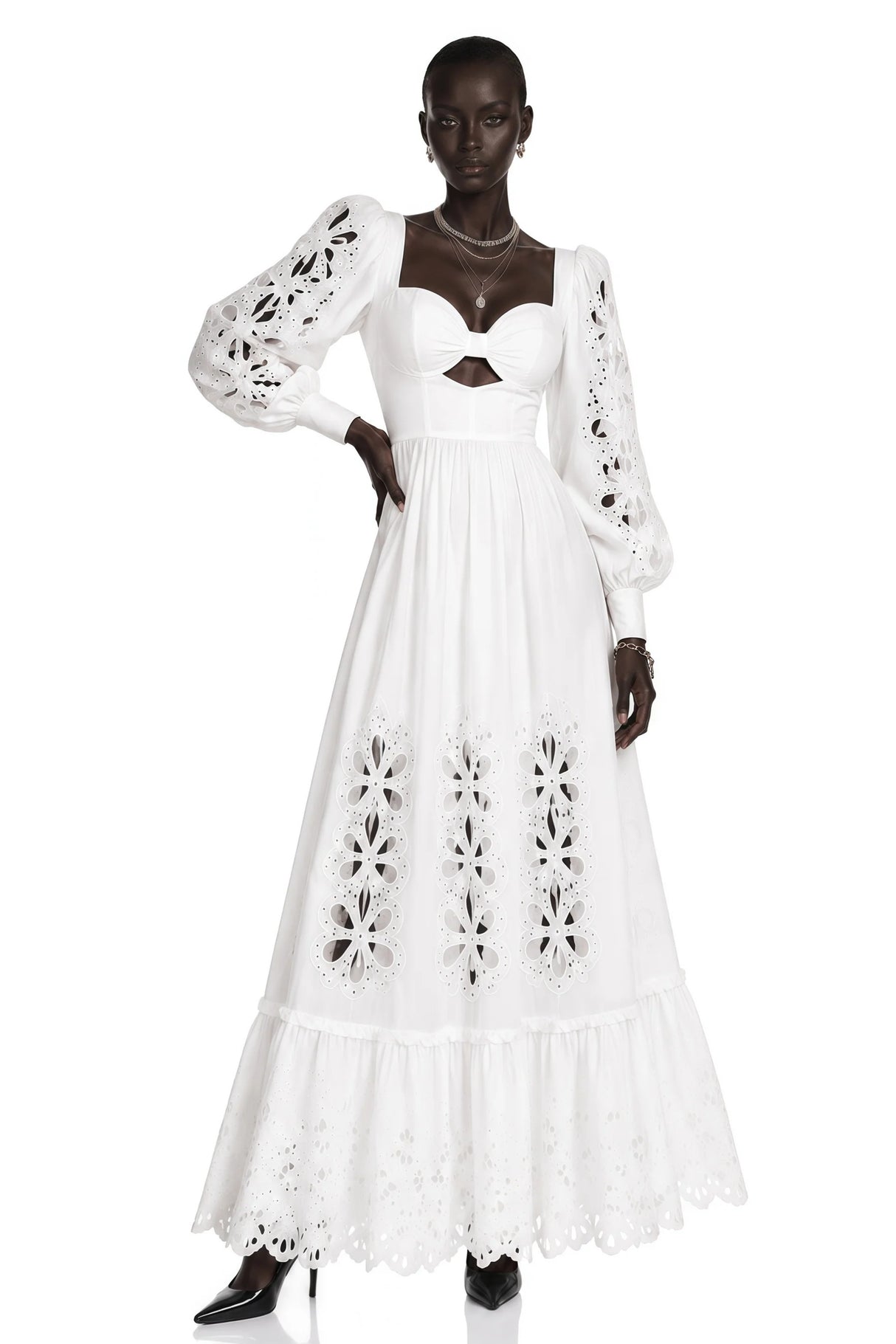 Amandine White CutOut Puff Sleeve Maxi Dress