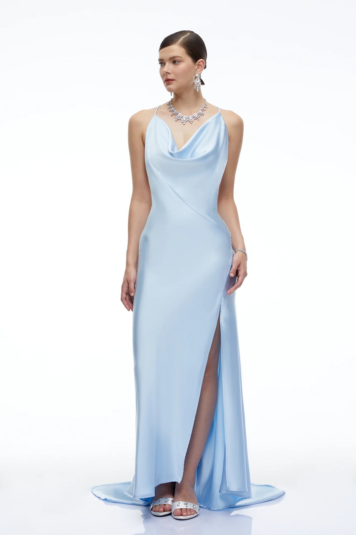 Amara Blue Satin Cowl Neck Maxi Dress