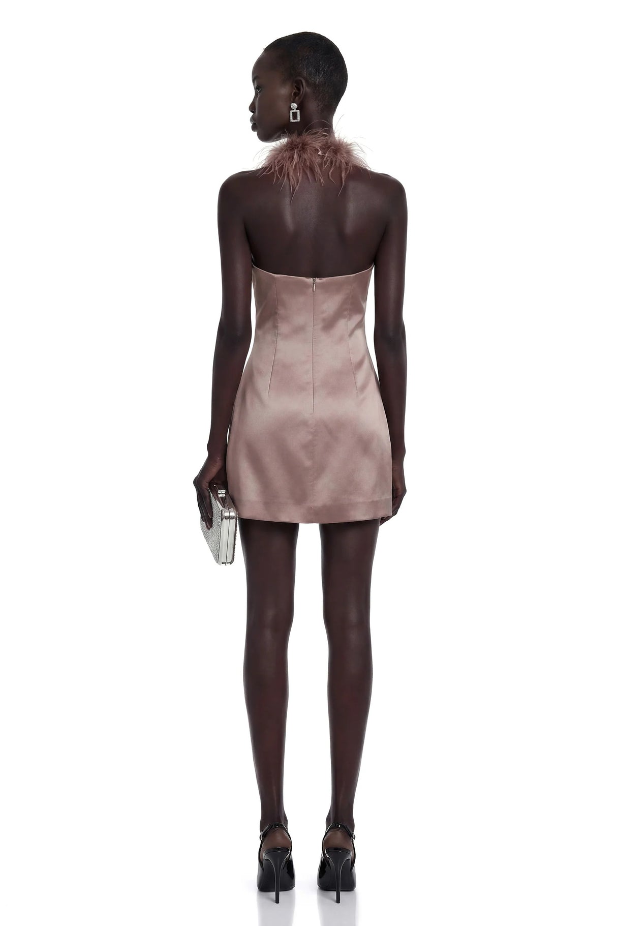 Amara Khaki Mini Dress with Feather Trim