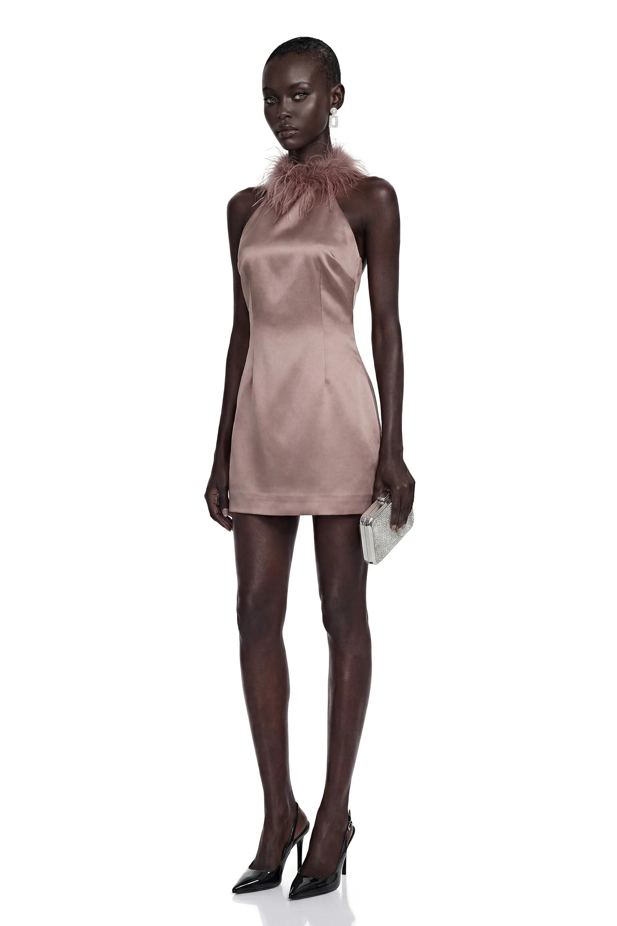 Amara Khaki Mini Dress with Feather Trim
