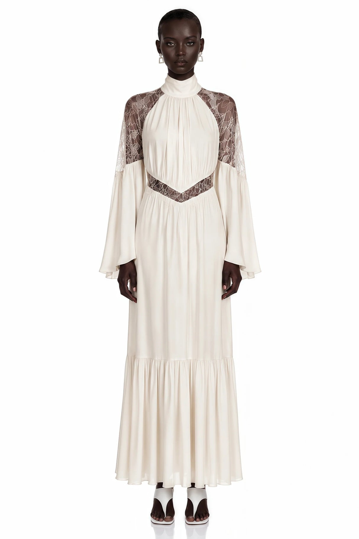 Amara White Pleated Maxi Dress with Flared Sleeves