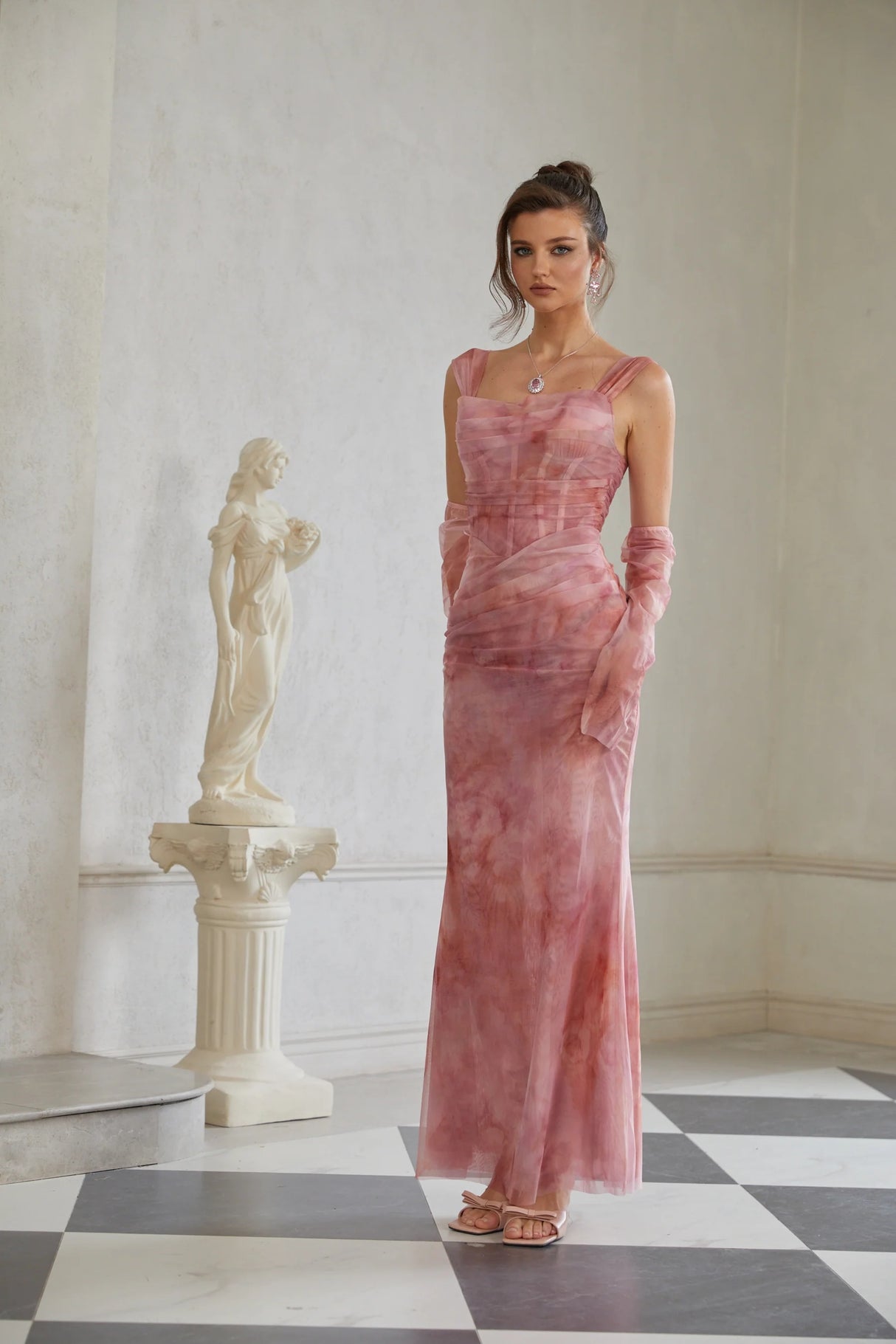 Amélie Pink Ombré Ruched Tulle Maxi Dress Without Gloves