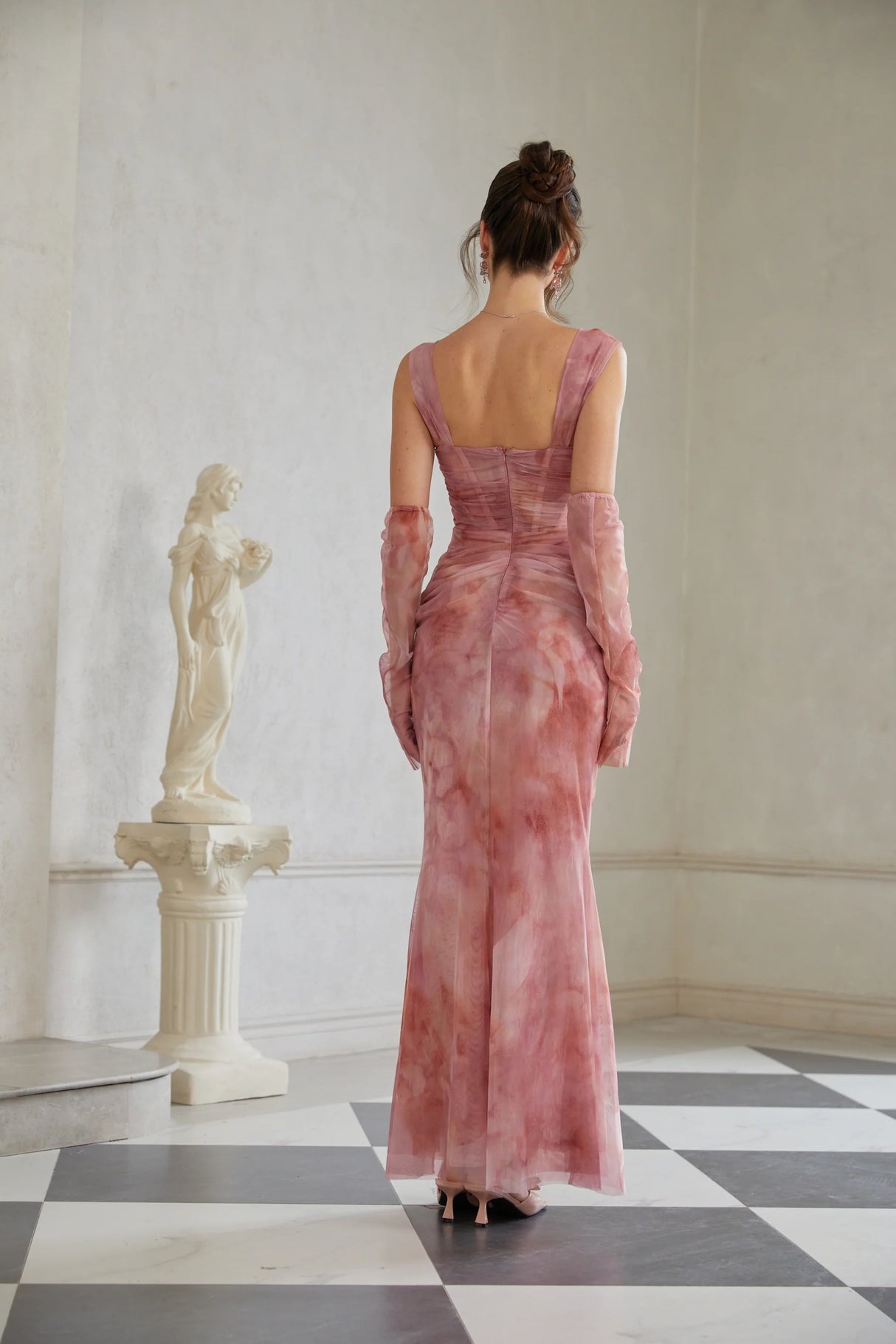 Amélie Pink Ombré Ruched Tulle Maxi Dress Without Gloves