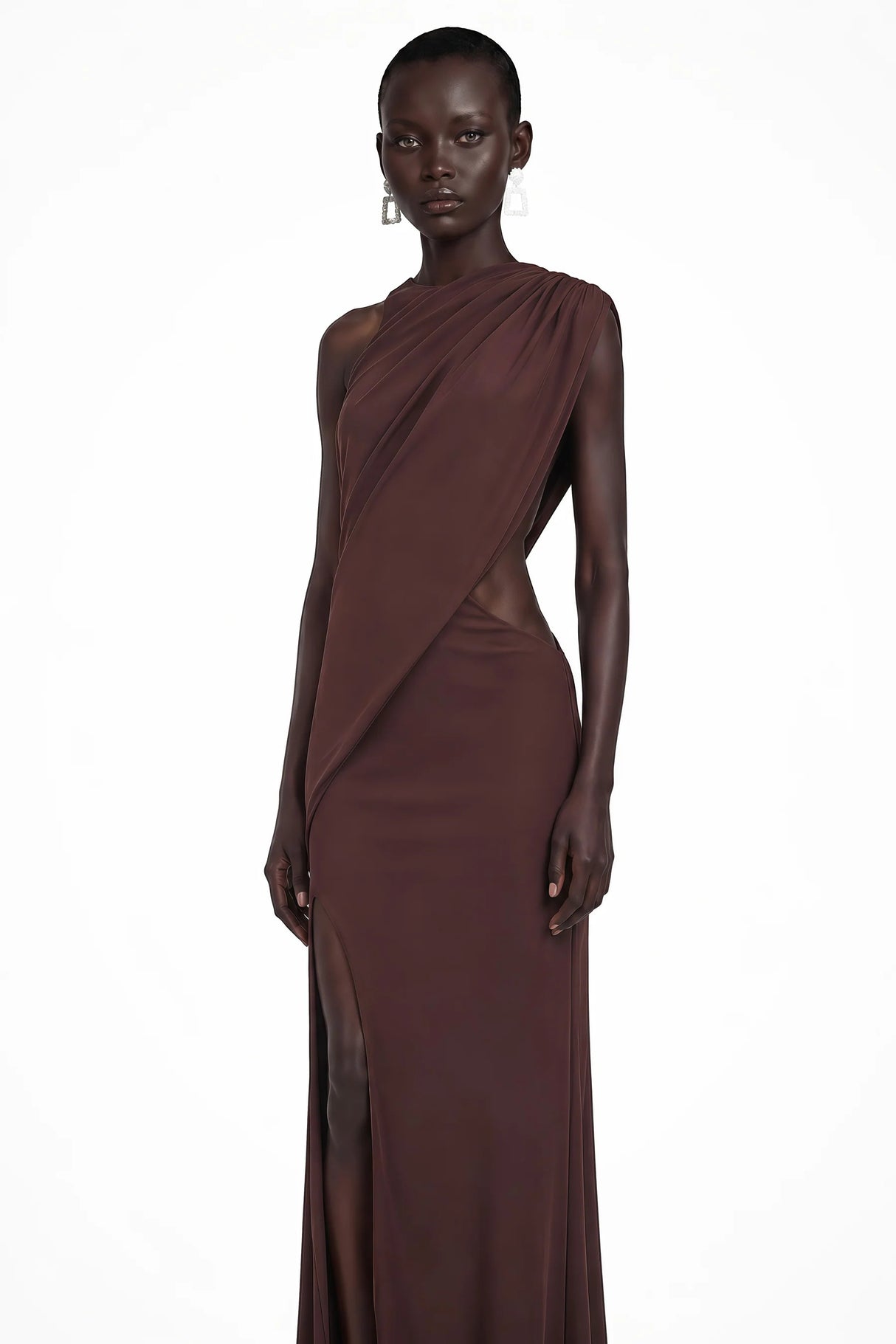 Amore Chocolate Brown One Shoulder Ruched Maxi Dress