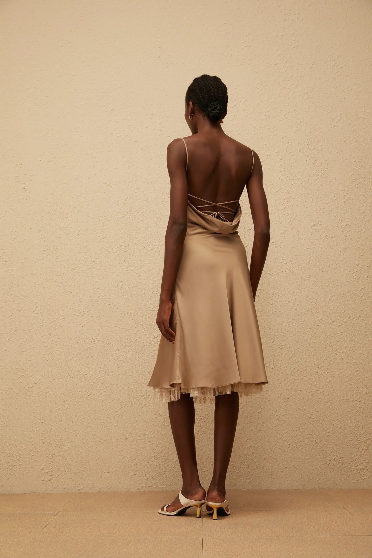 Ananias Khaki Lace Panel Satin Midi Dress