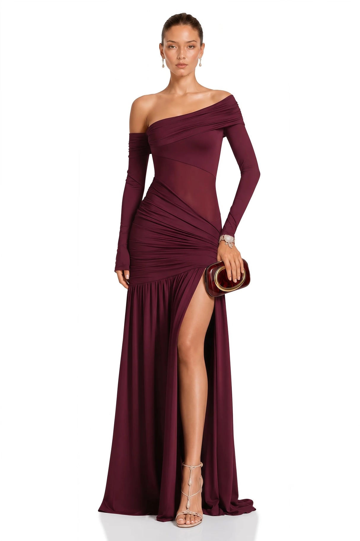 Anastasia Burgundy One Shoulder Gathered Maxi Dress