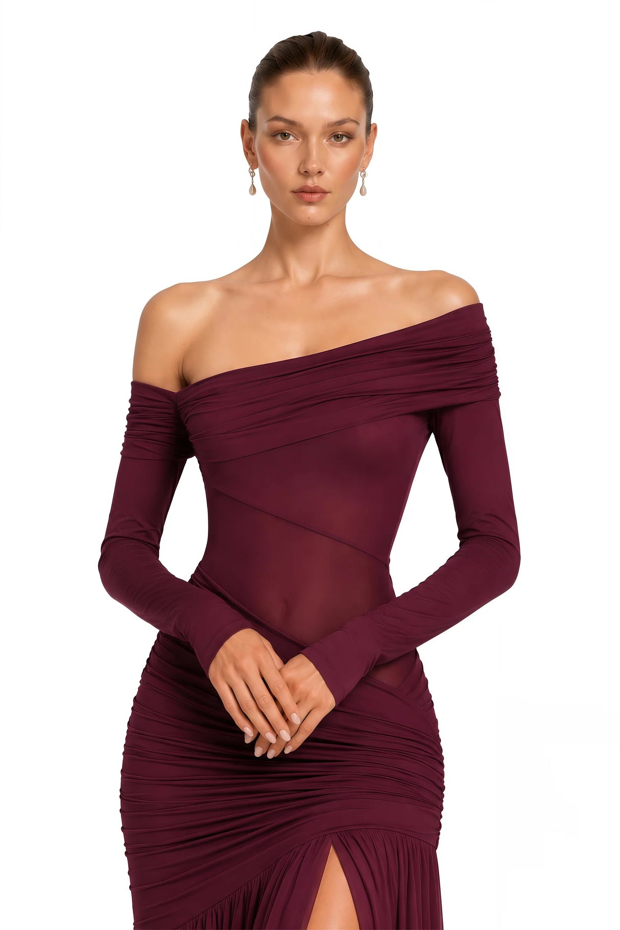 Anastasia Burgundy One Shoulder Gathered Maxi Dress