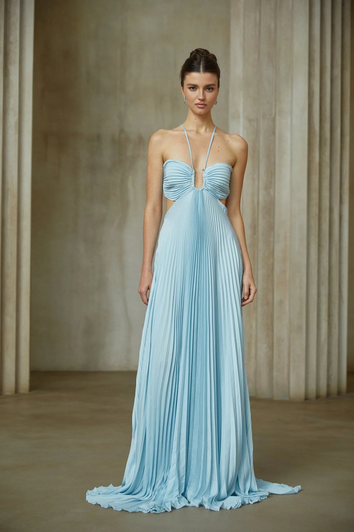 Andréa Blue Pleated Maxi Dress with Cutout Detail