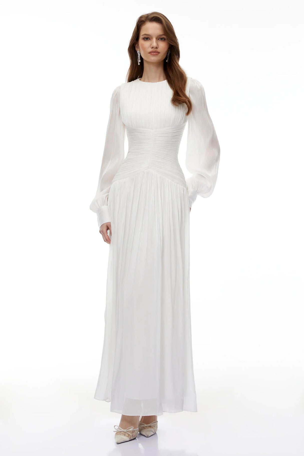 Aneka White High Neck Glossy Ruched Maxi Dress