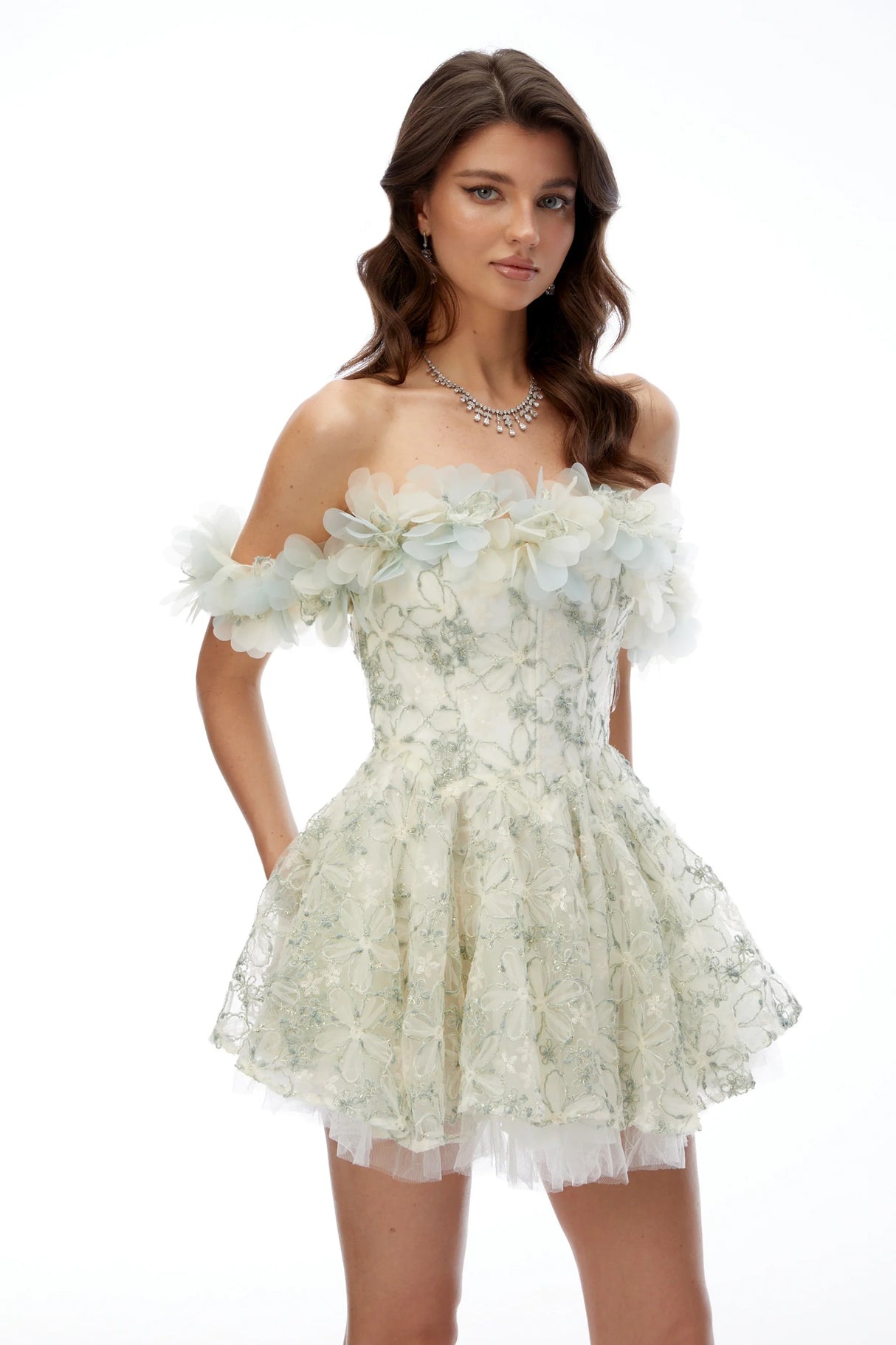 Angela Green Off Shoulder Lace Mini Dress with 3D Florals