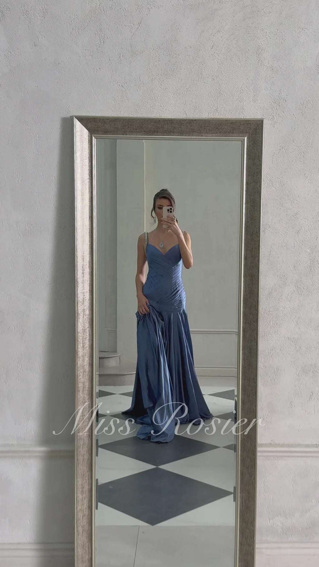 Angelína Blue Diagonal Pleated Gathered Maxi Gown