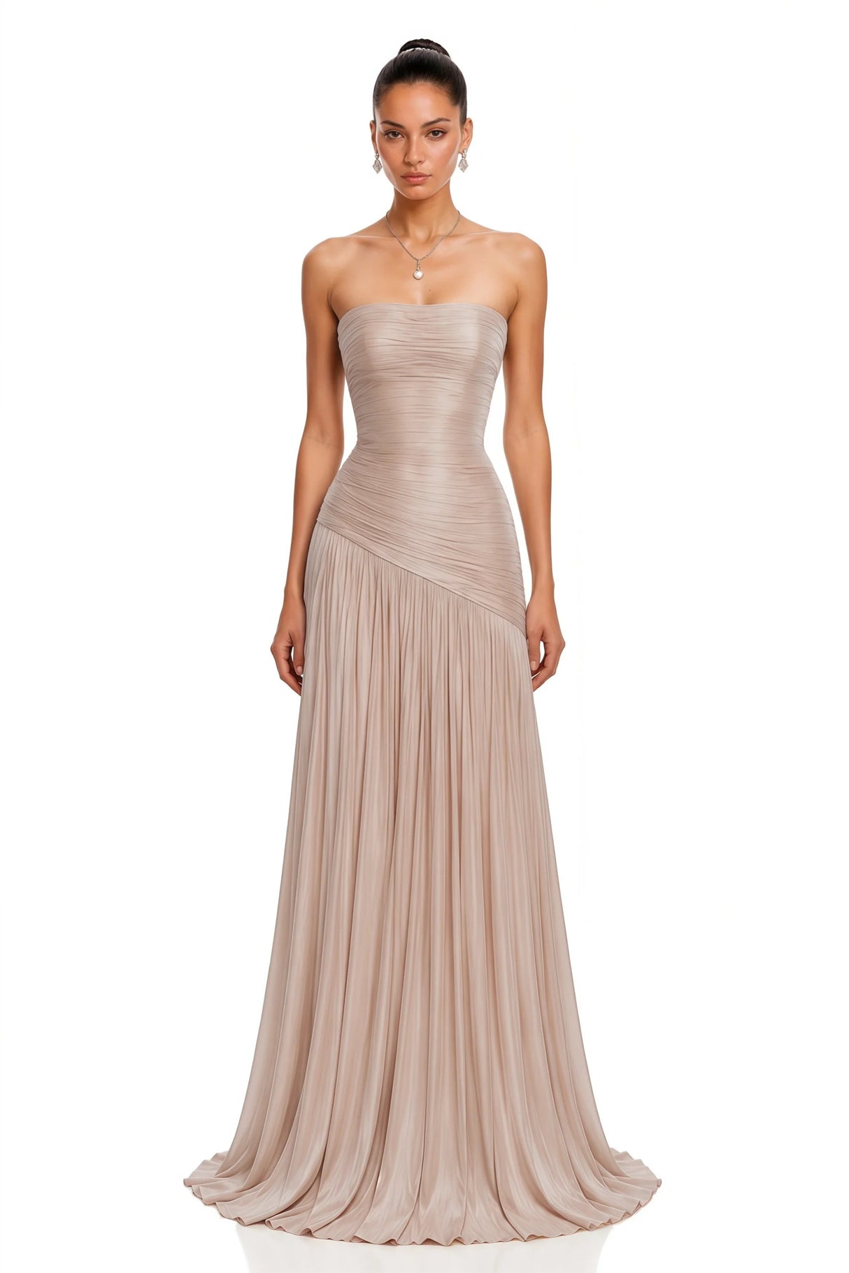 Angelina Champagne Brown Off Shoulder Pleated Maxi Dress