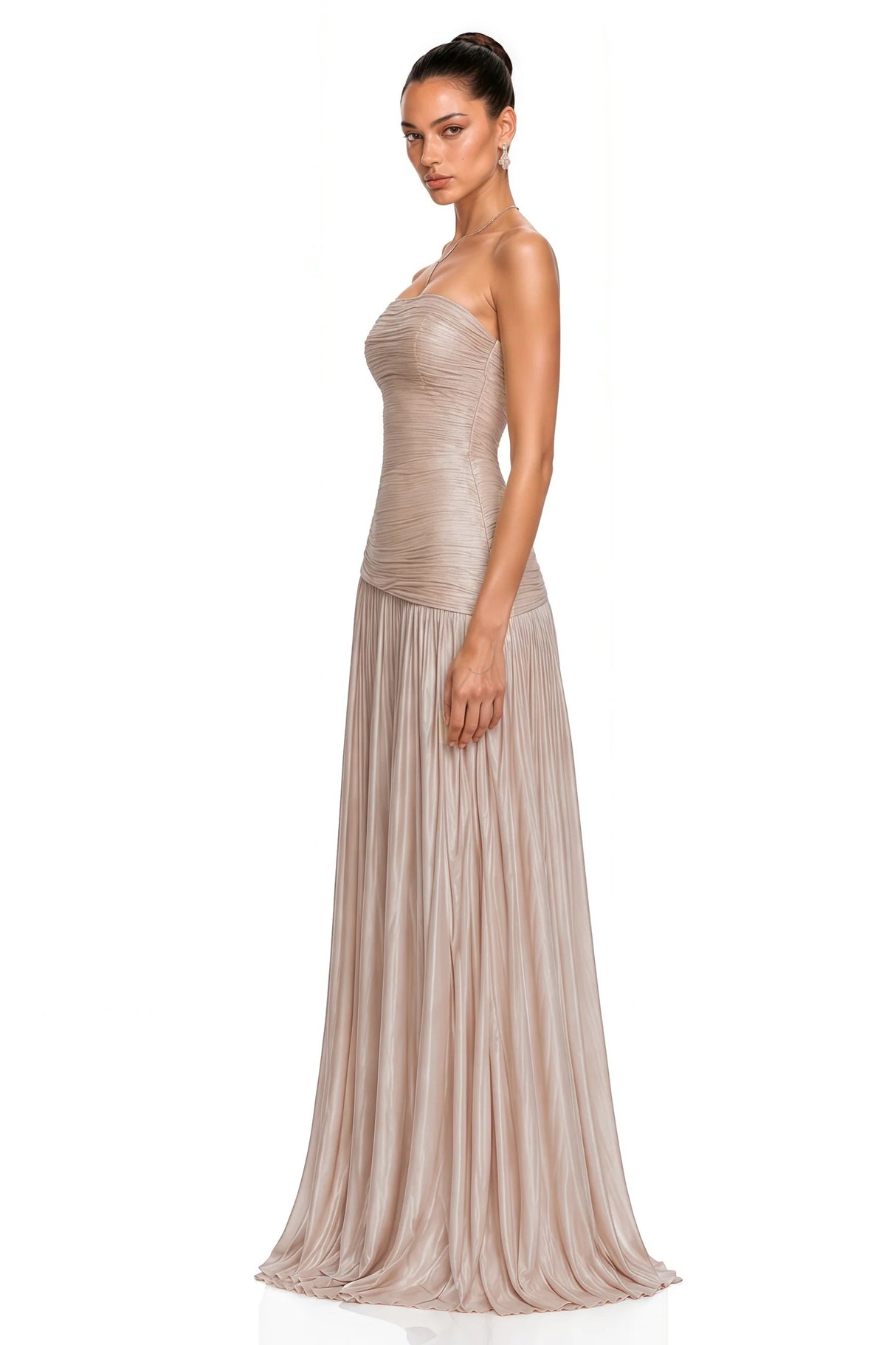 Angelina Champagne Brown Off Shoulder Pleated Maxi Dress