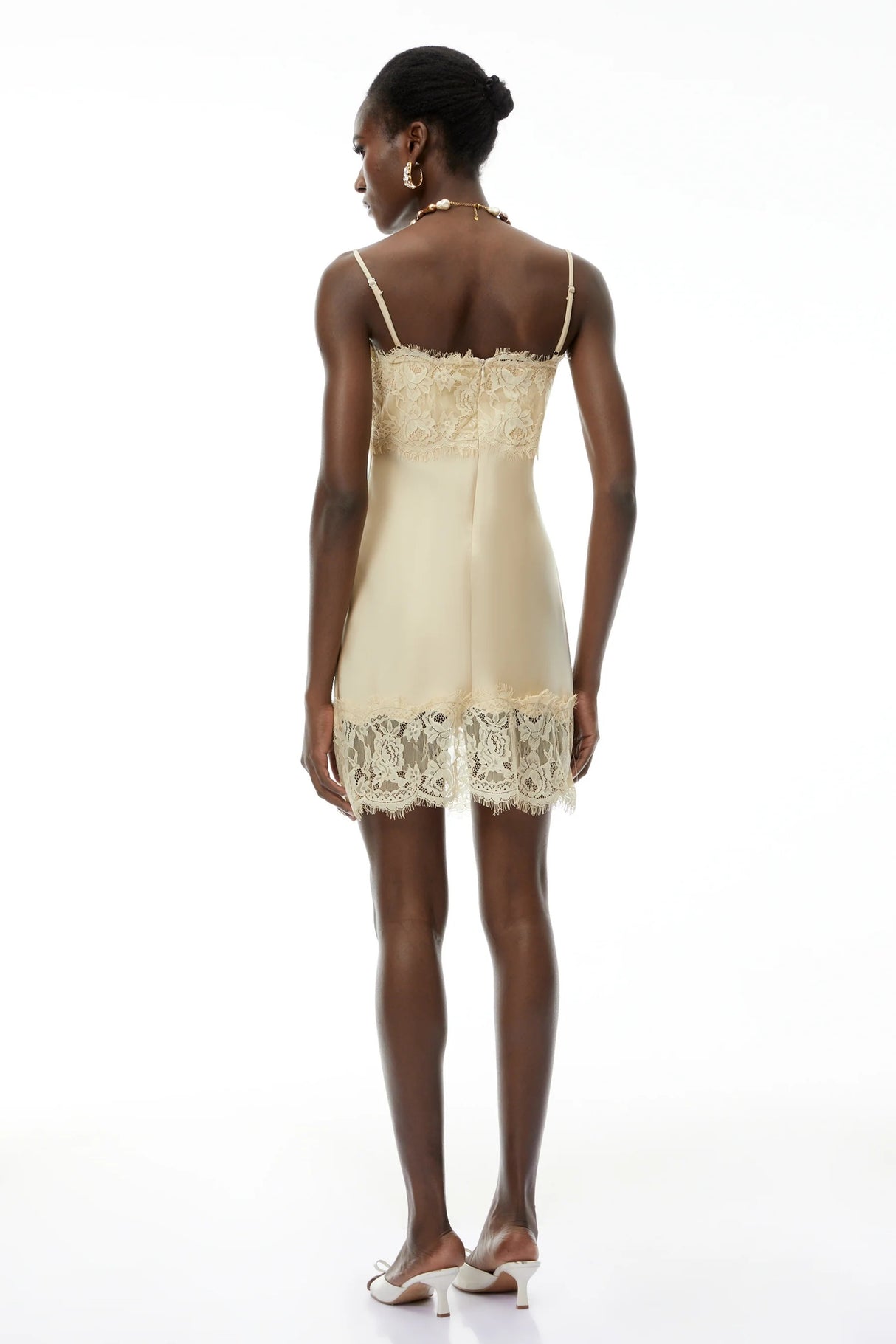 Anjelica Champagne Satin Mini Dress with Lace Panels