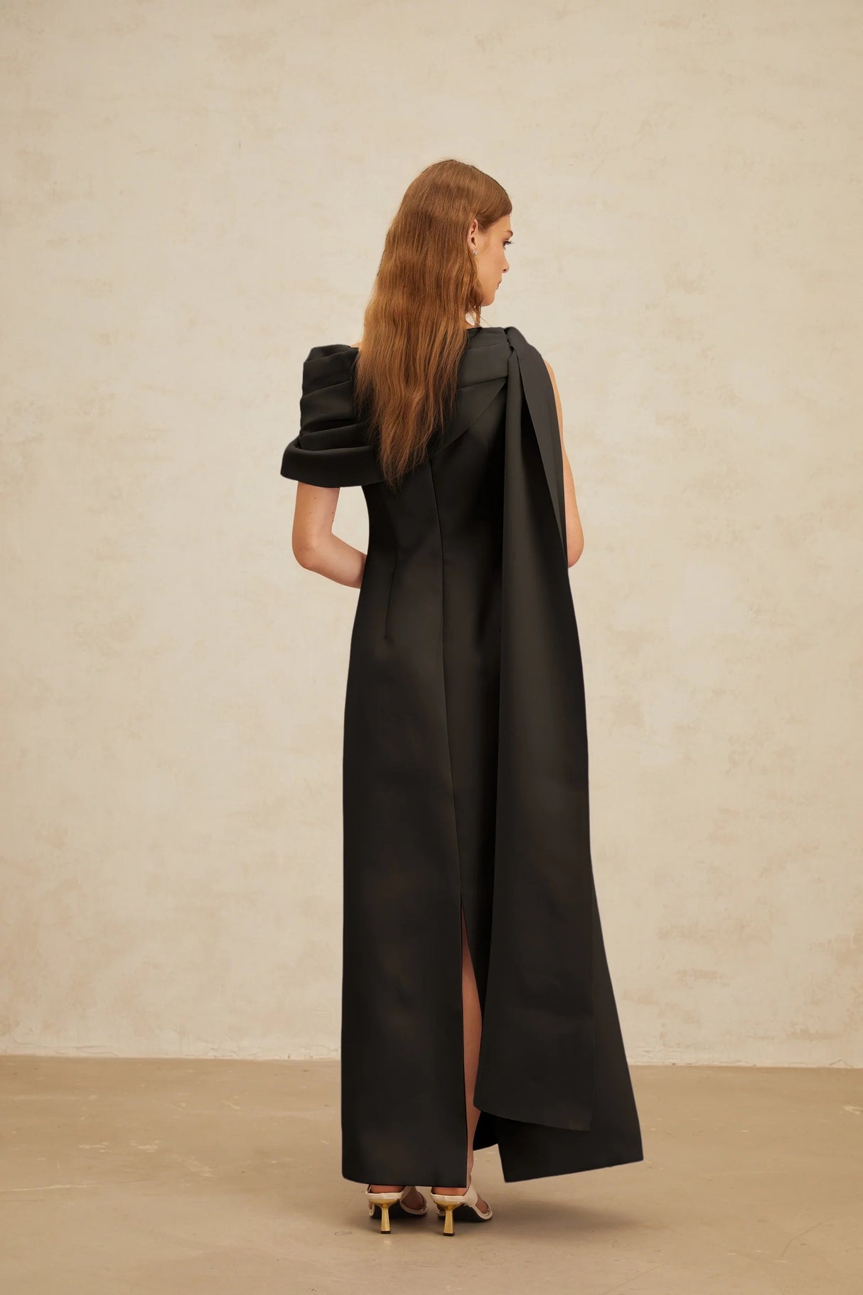 Annabelle Black CapeDesign Ribbon Maxi Dress