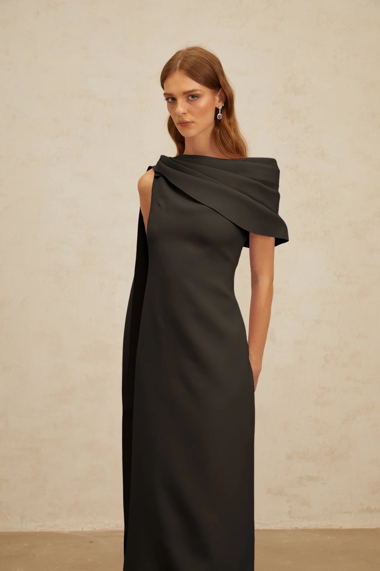 Annabelle Black CapeDesign Ribbon Maxi Dress