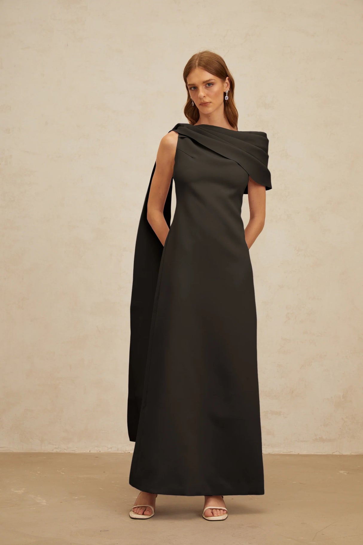 Annabelle Black CapeDesign Ribbon Maxi Dress