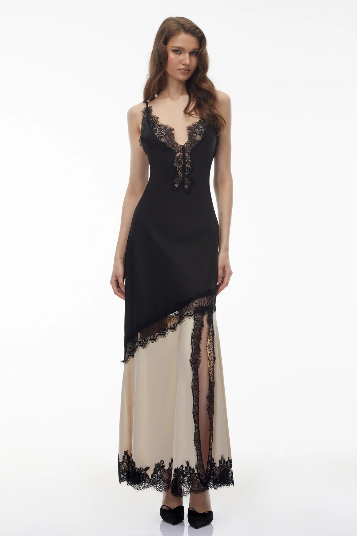 Annabelle Black Vneck Lace Trim Panelled Slit Maxi Dress