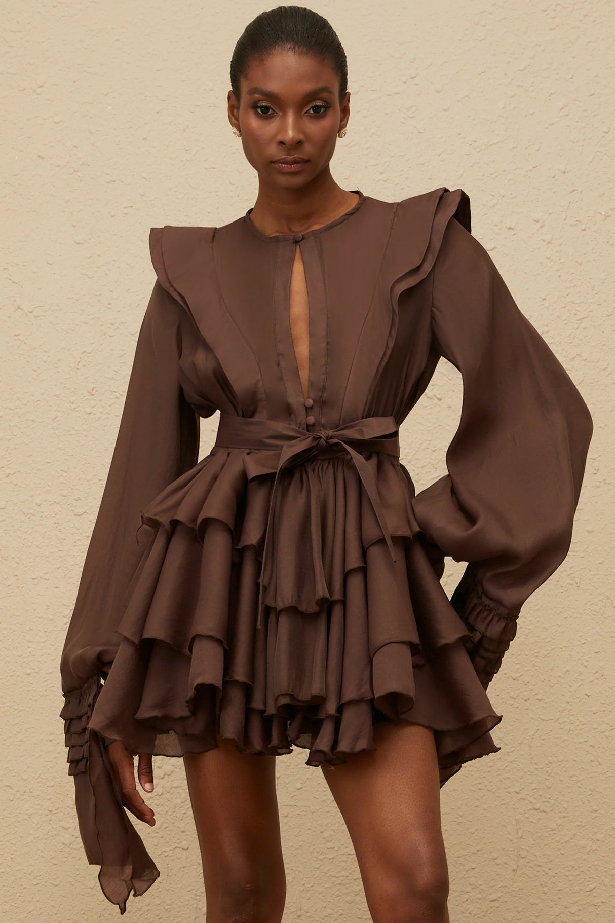 Annabelle Brown Cutout Ruffled Mini Dress