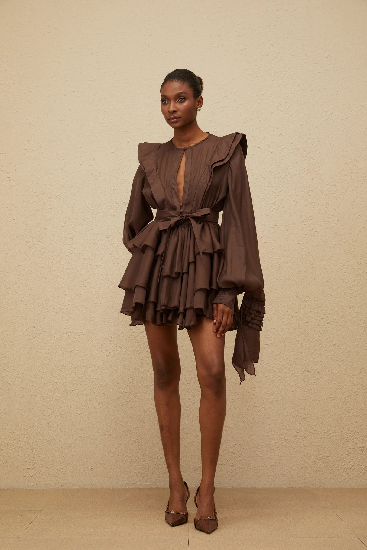 Annabelle Brown Cutout Ruffled Mini Dress