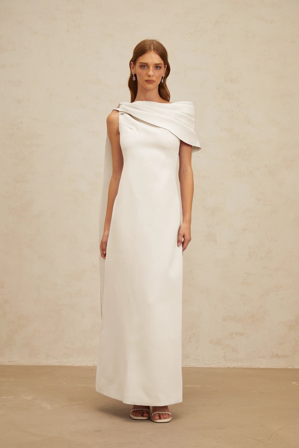 Annabelle White CapeDesign Ribbon Maxi Dress