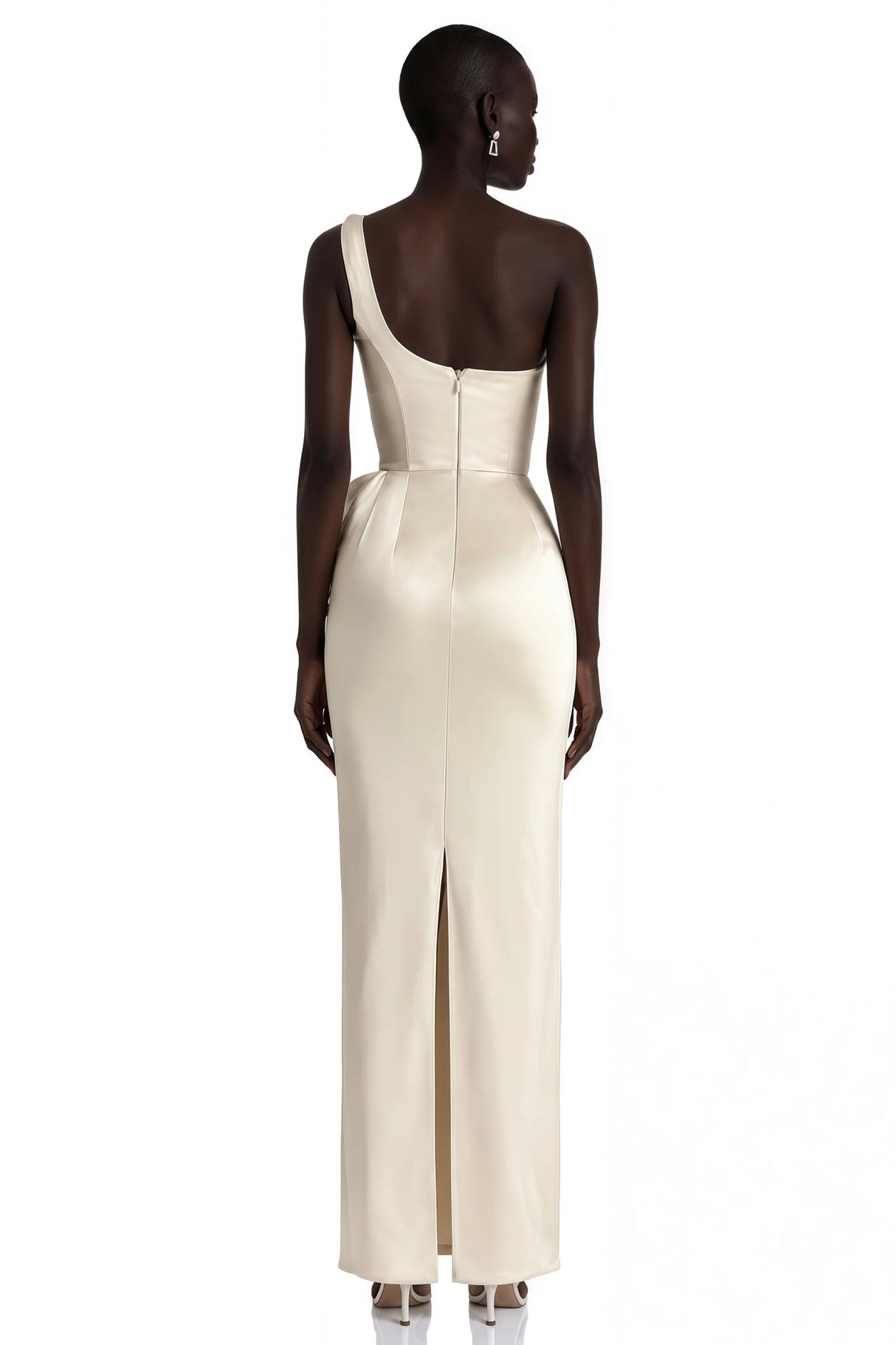 Annalise Champagne One Shoulder Ruched Maxi Dress