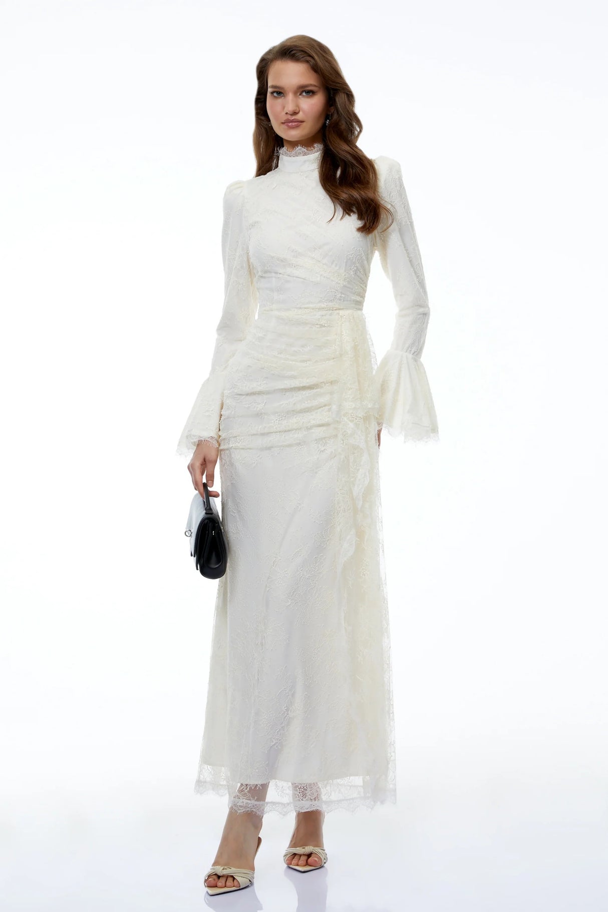 Anneke White Lace Ruched Maxi Dress with Flared Sleeves