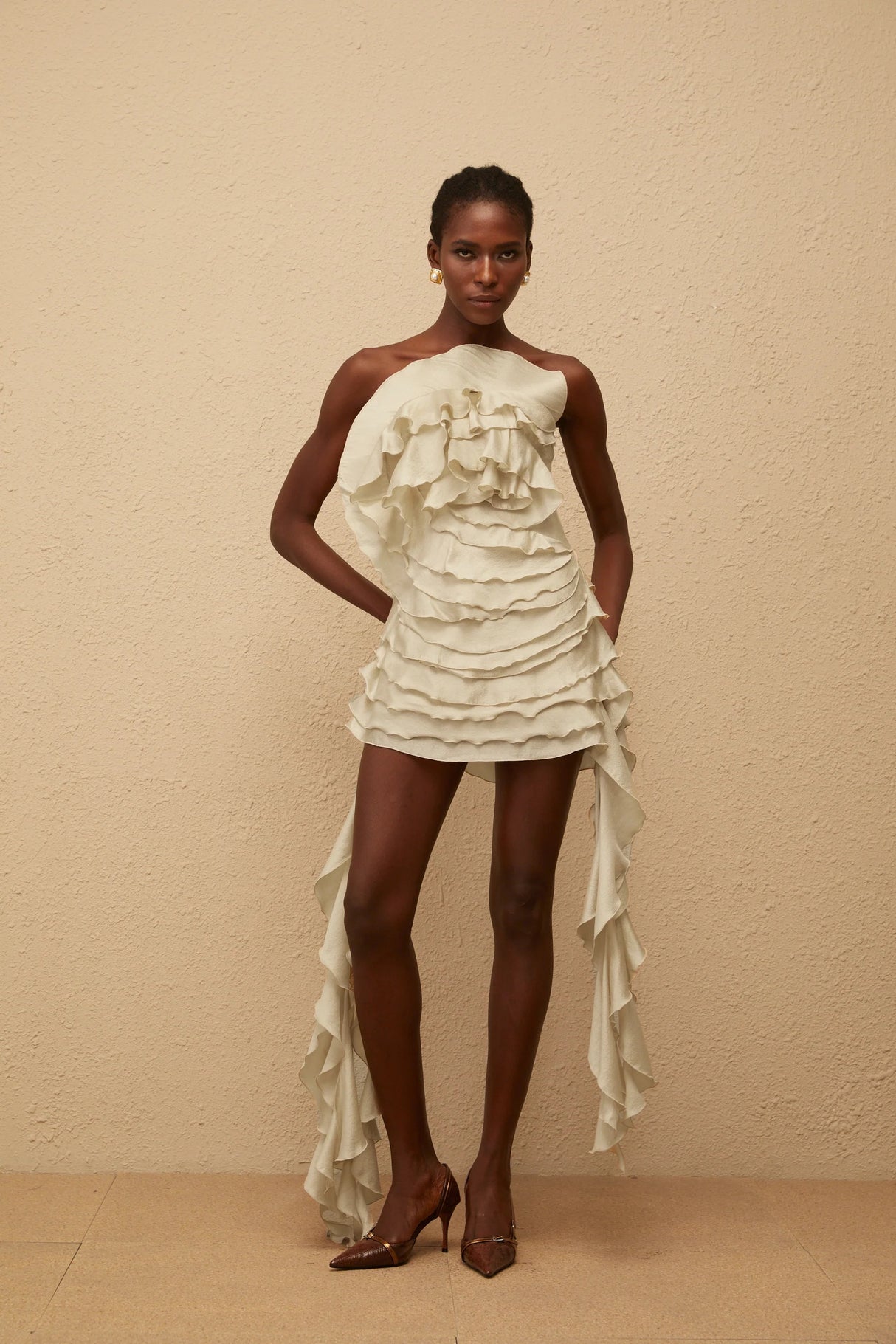 Anneli Neutral OffShoulder Ruffled Mini Dress