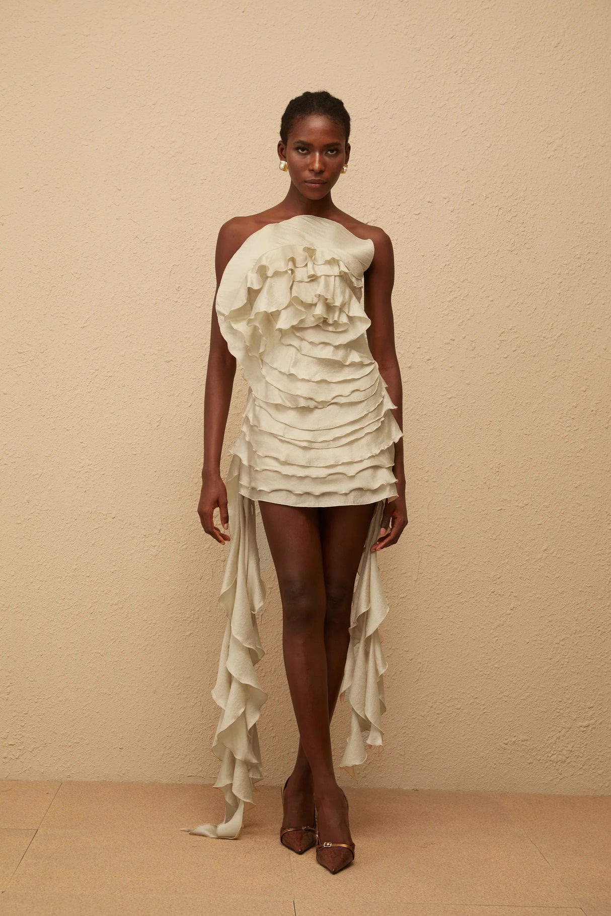 Anneli Neutral OffShoulder Ruffled Mini Dress