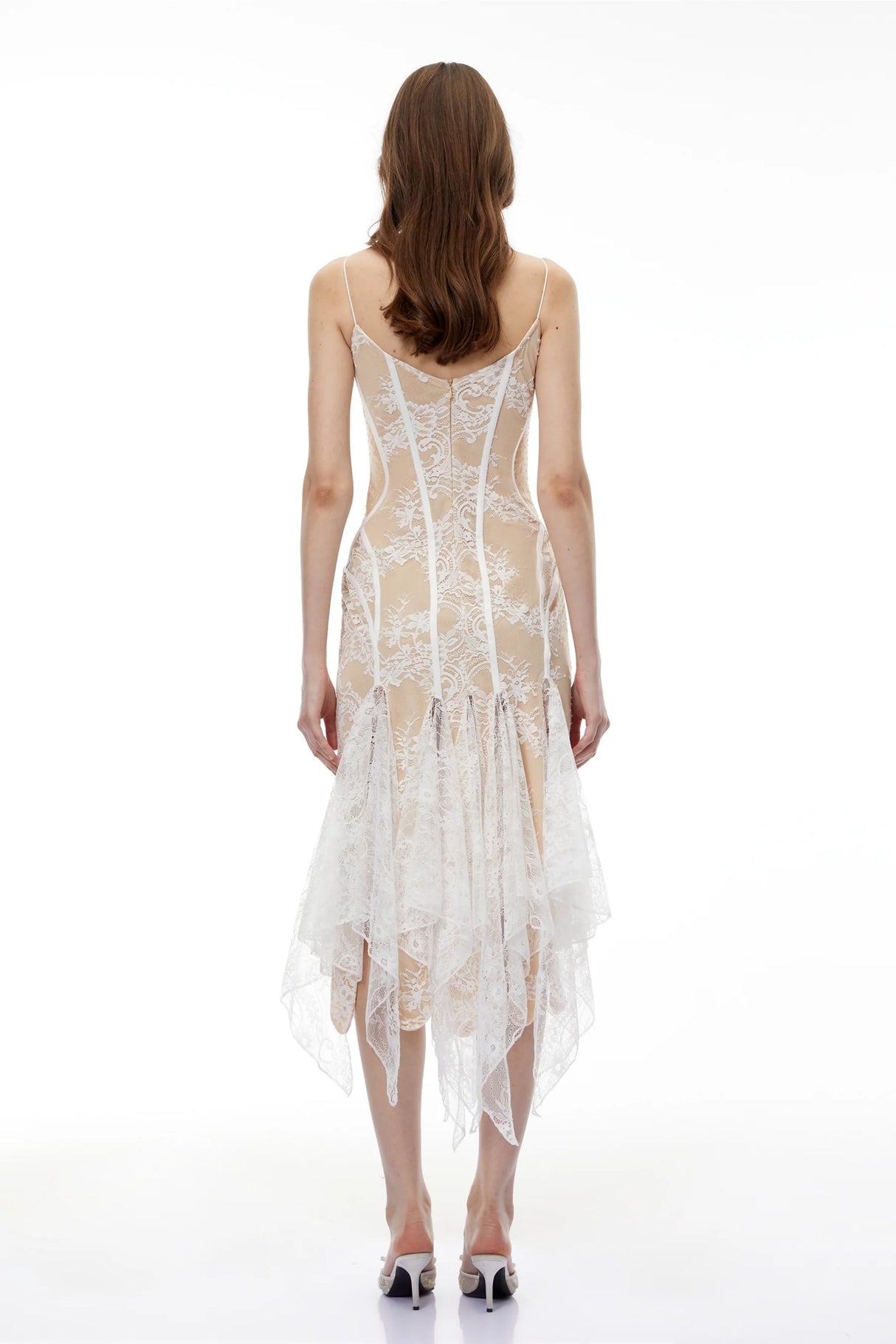 Annelise White Floral Lace Asymmetrical Midi Dress