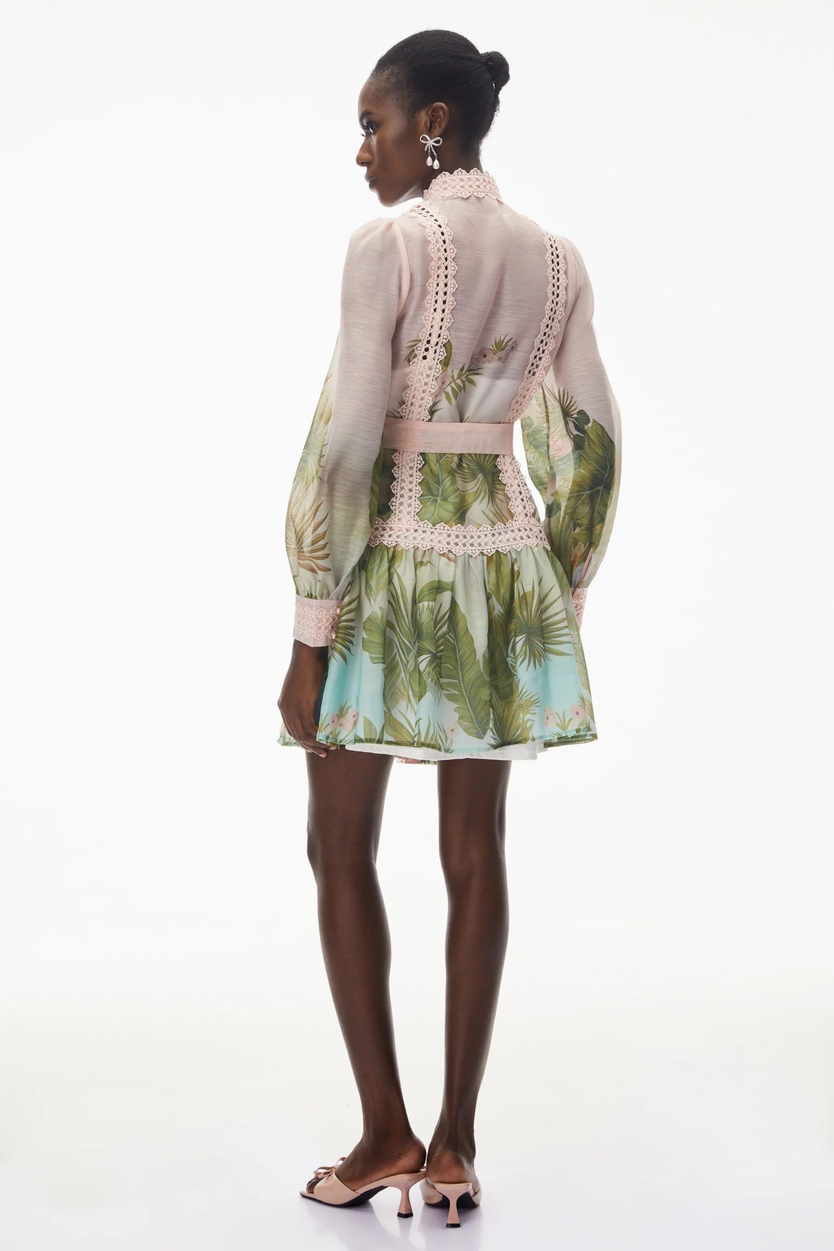 Antigone Pink Mini Dress with Lace Panels and Tie